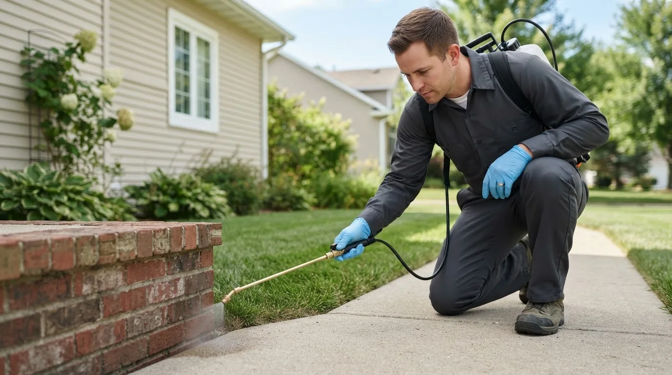 Pest control technician treating a home near La Cygne, KS
