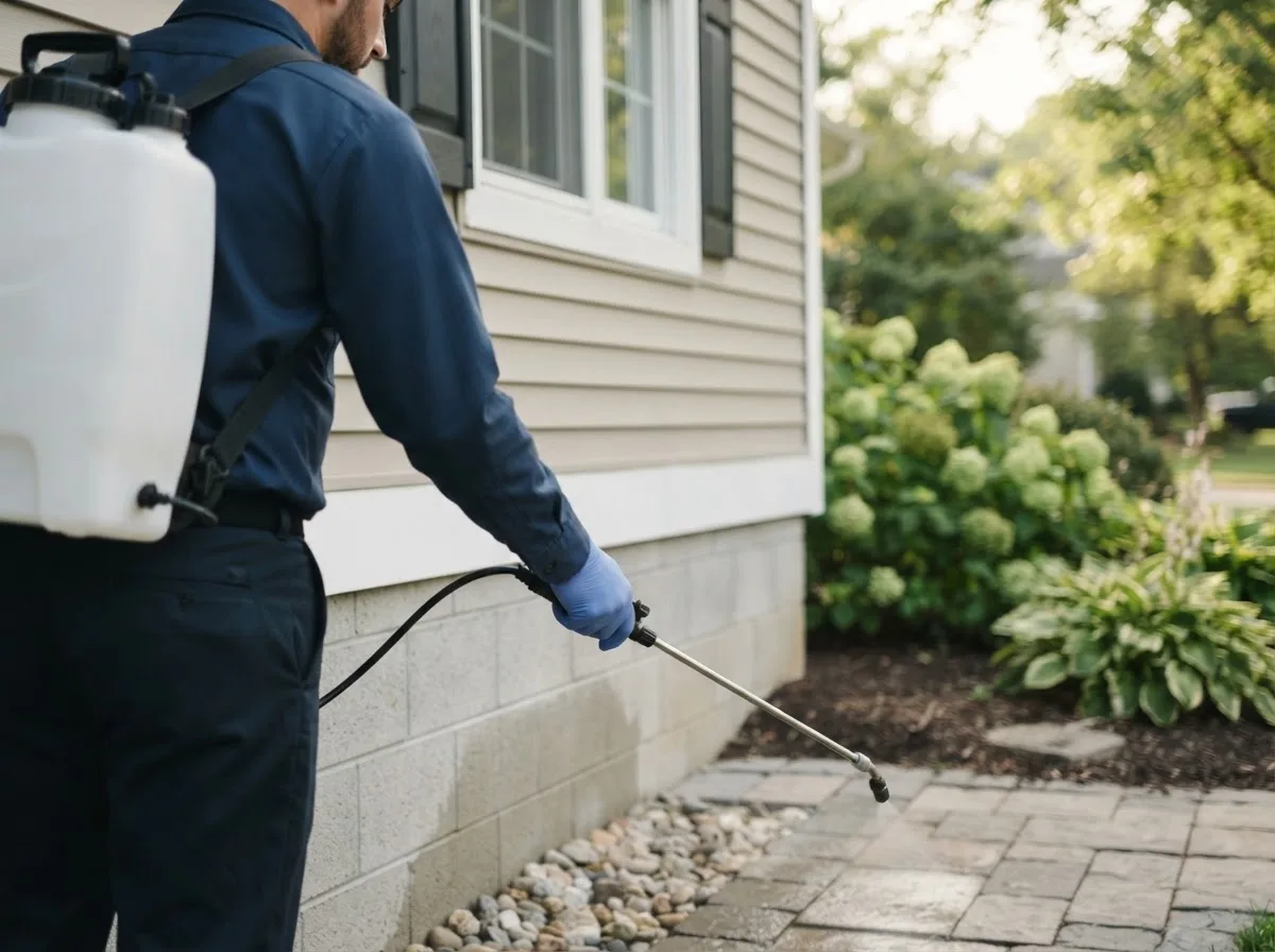 Pest control technician inspecting a home in La Cygne, KS